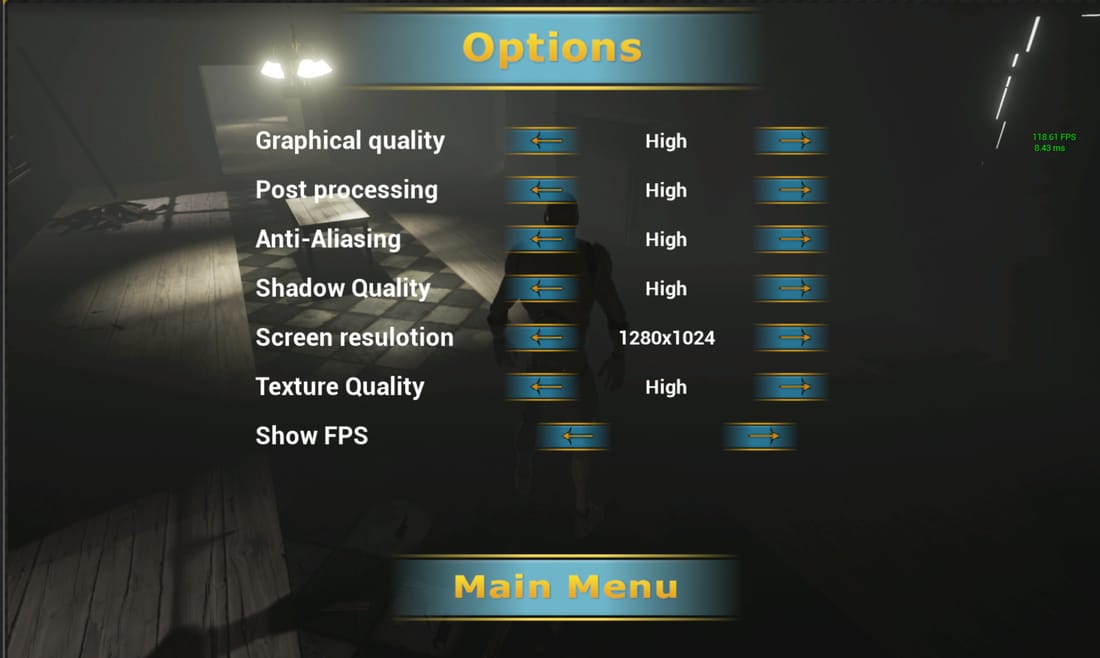 Customizable settings menu (main menu and pause game menu are
